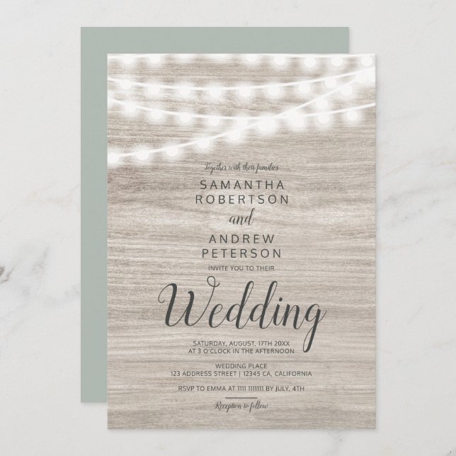 Convite Cordas de madeira russa marrom luzes simples casam (Frente/Verso)