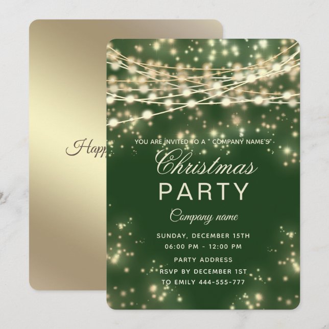 Convite cordas luminosas douradas festa de Natal corporati (Frente/Verso)