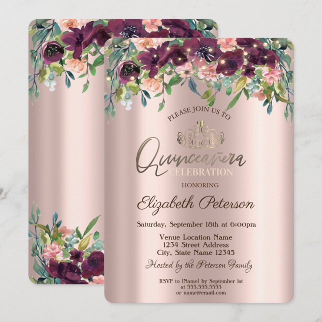 Convite Cordas Luzes Borgonha Flores Rosas Quinceañera (Frente/Verso)