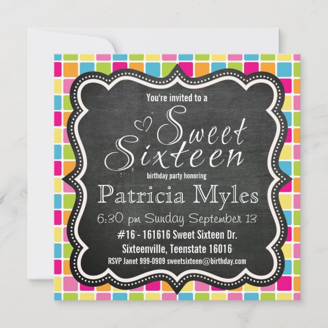 Convite Cores brilhantes com partido do doce 16 do sinal (Frente)