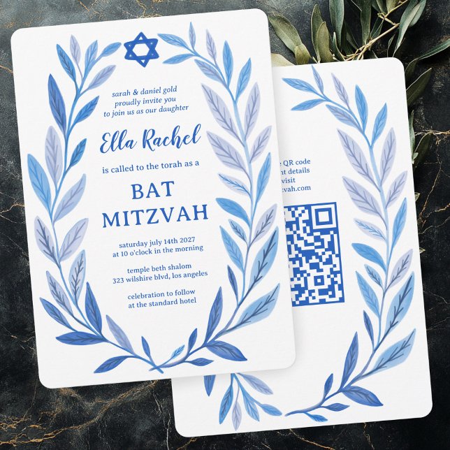 Convite Cores d'água botânicas PERSONALIZADAS Bar QR Bat M (Botanical Watercolor CUSTOM QR Bar Bat Mitzvah Invitation
)