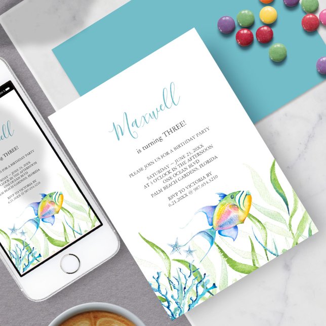 Convite Cores d'água do Partido do Peixe Tropical (3rd birthday party ideas tropical fish invitation watercolor art by Victoria Grigaliunas)