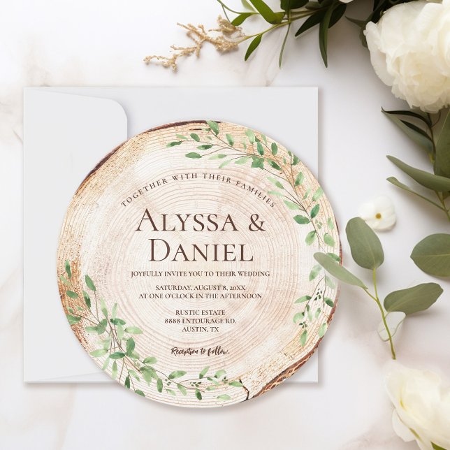 Convite Cores de água botânica Greenery Wood Slice Rustic (Botanical rustic wood slice wedding round invitation)