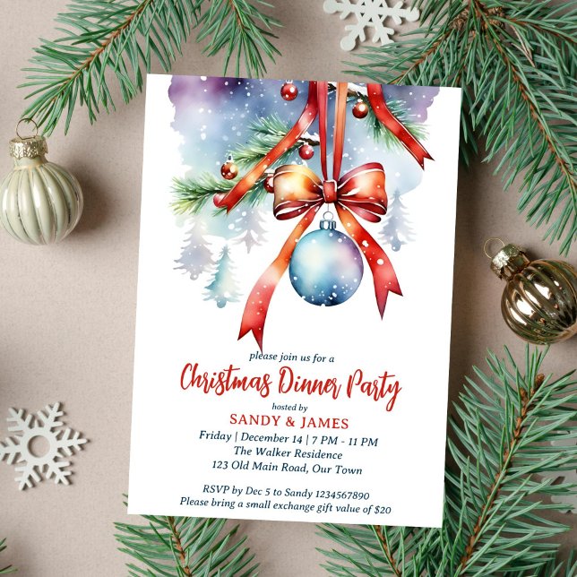 Convite Cores de água tradicionais do janto de Natal (Christmas dinner party template invitation instant download traditional watercolor pines red baubles)
