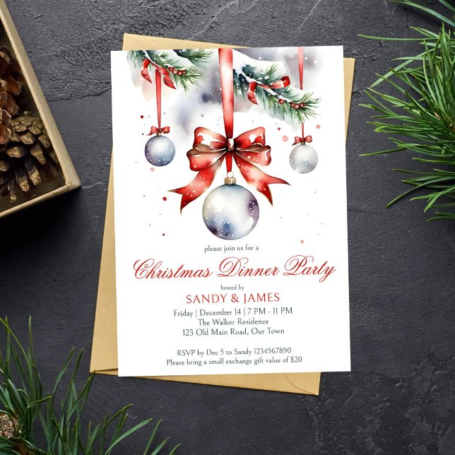 Convite Cores de água tradicionais do janto de Natal (Christmas dinner party template invitation instant download traditional red ribbon snowy pines)