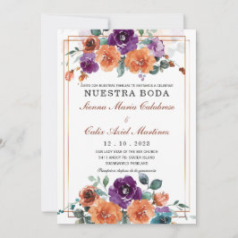 Convite Cores de casamento roxo e laranja queimado