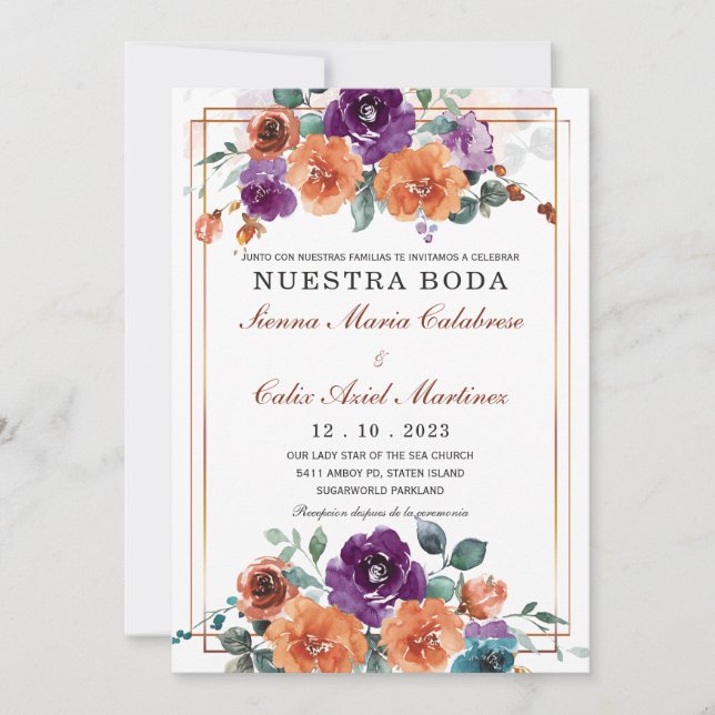 Convite Cores de casamento roxo e laranja queimado (Frente)