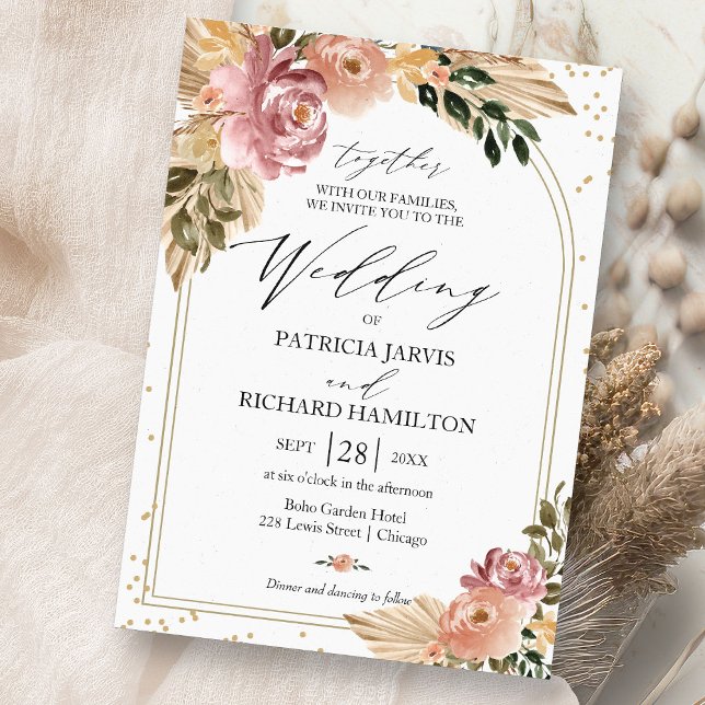 Convite Cores Neutras Chic Boho Floral Casamento (Criador carregado)