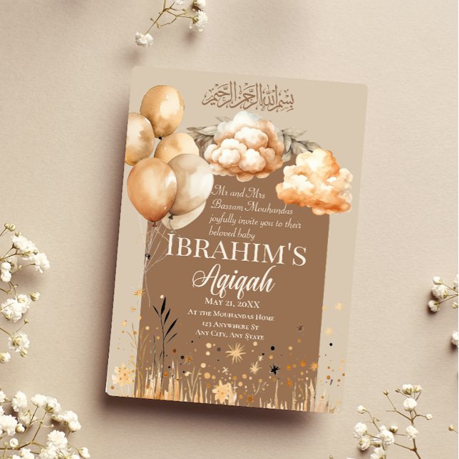 Convite Cores Neutras Cutis Bebê Aqiqah Islâmica (Criador carregado)