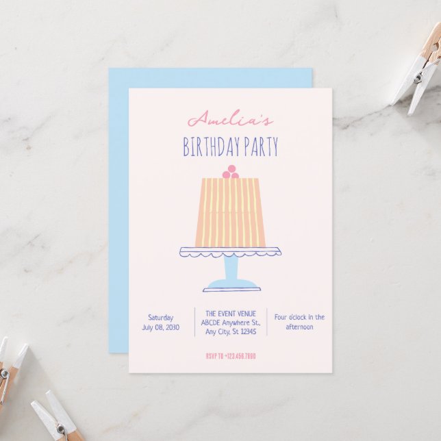 Convite Cores pastéis de bolo de aniversário (Frente/Verso In Situ)