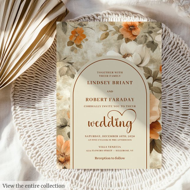 Convite Cores Terrosas Boho Românticas Marfim Flor de Salv (Romantic Boho Earthy Colors Ivory Sage Flower Wedding Invitation)