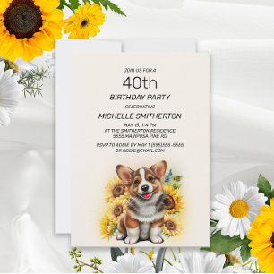 Convite Corgi Fofo Cachorro Girassóis 40º Aniversário