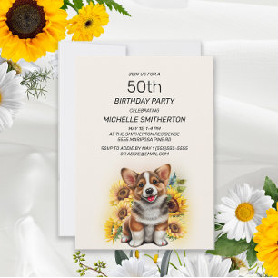 Convite Corgi Fofo Girassóis 50º Aniversário