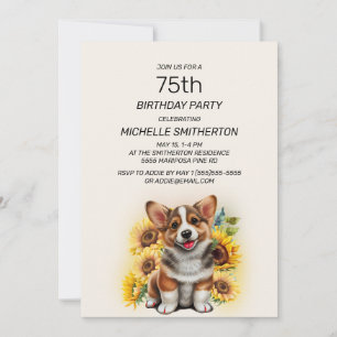 Convite Corgi Fofo Girassóis 75º Aniversário