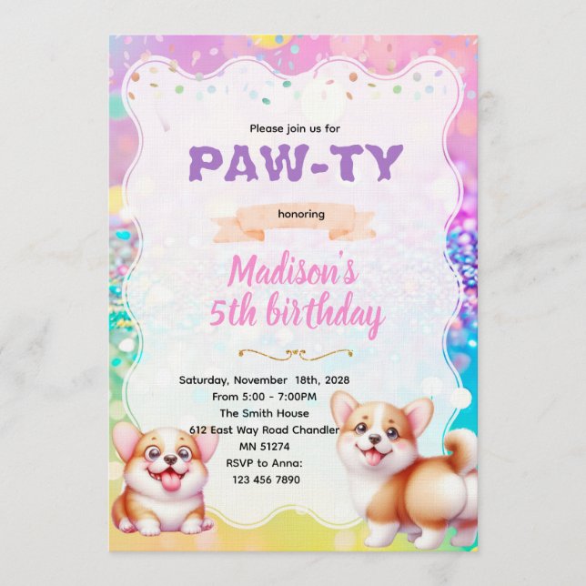 Convite Corgi party theme invitation (Frente)
