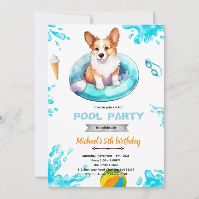 Convite Corgi pool party Invite (Frente)