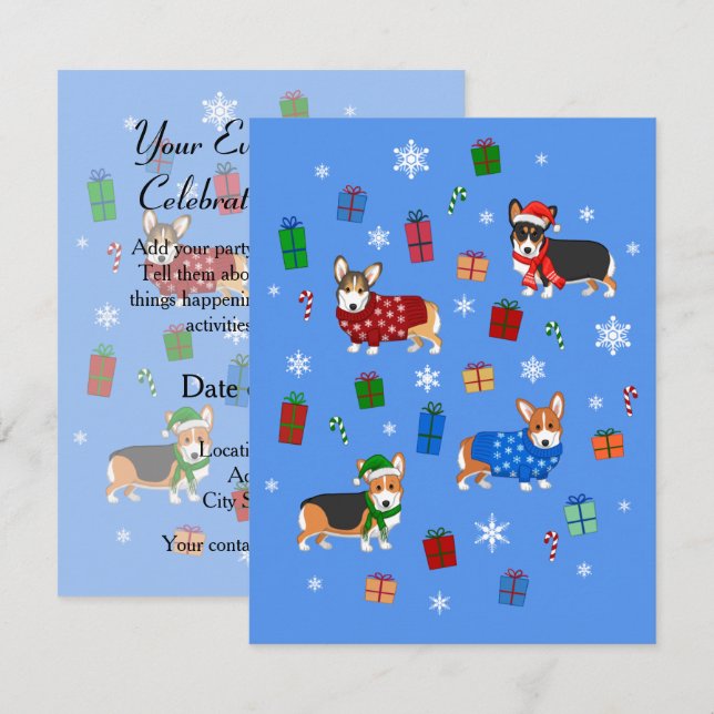 Convite Corgis de Natal Adoráveis com Chapéus e Suéteres (Frente/Verso)
