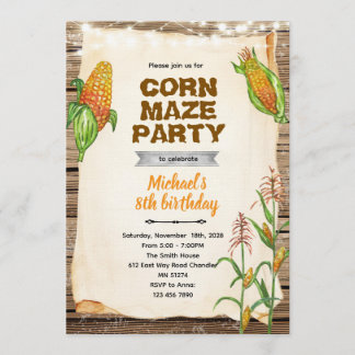 Convite Corn maze birthday party invitation