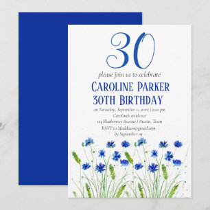 Convite Cornflower aniversário de 30 anos Blue Floral