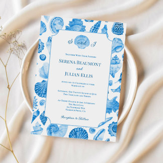 Convite Cornflower Blue Coastal Seashell Wedding