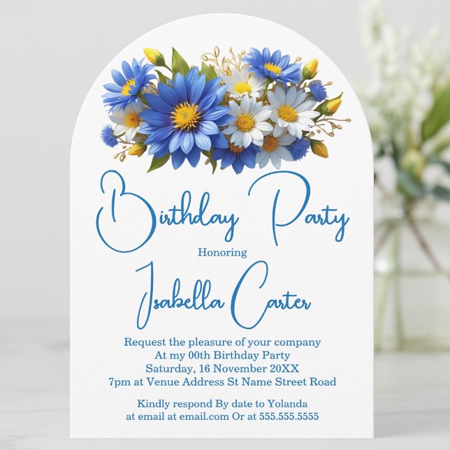Convite Cornflower Blue Yellow White Birday Floral (Criador carregado)
