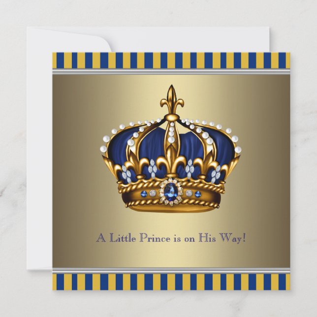 Convite Coroa Azul Dourada Pequeno Príncipe Chás de Bebê (Frente)