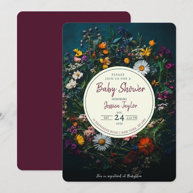 Convite Coroa Boho de Flores Silvestres para Chá de Bebê (Frente/Verso)