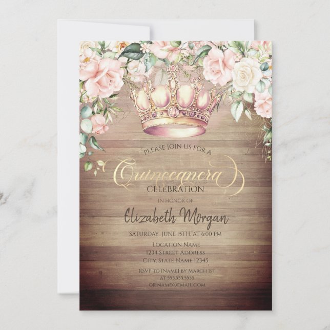 Convite Coroa Boho Rosas Madeira Quinceañera (Frente)