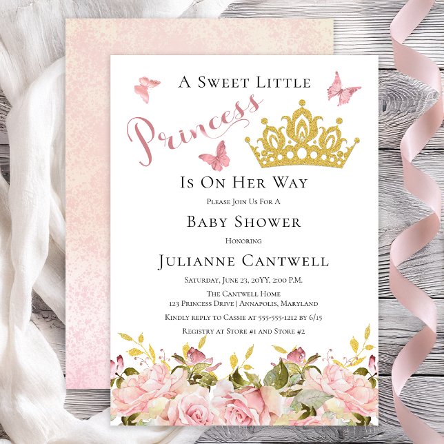 Convite Coroa | Borboletas Chá de fraldas princesa floral (Faux Gold Glitter Crown and Pink Butterflies Roses Floral Princess Baby Shower Invitation)