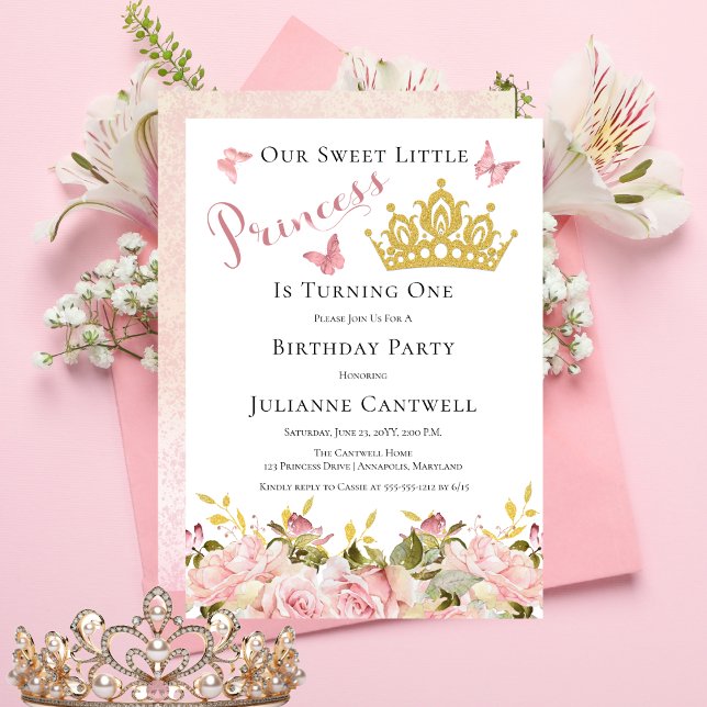 Convite Coroa | Borboletas Princesa Floral primeiro aniver ("Princess" Pink Rose Floral | Butterflies | Gold Crown Girl's 1st Birthday Party Invitation)