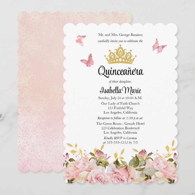 Convite Coroa | Borboletas Rosa Rosa Rosa, Quinceañera (Frente/Verso)