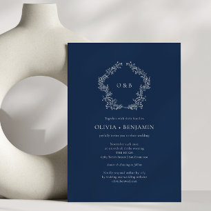Convite Coroa Botânica Azul Marinho Casamento Clássico