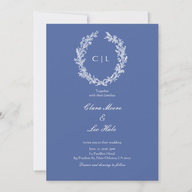 Convite Coroa Botânica Boho Azul Empoeirado Casamento (Frente)