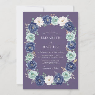 Convite Coroa Botânica de Casamento Azul Marinho