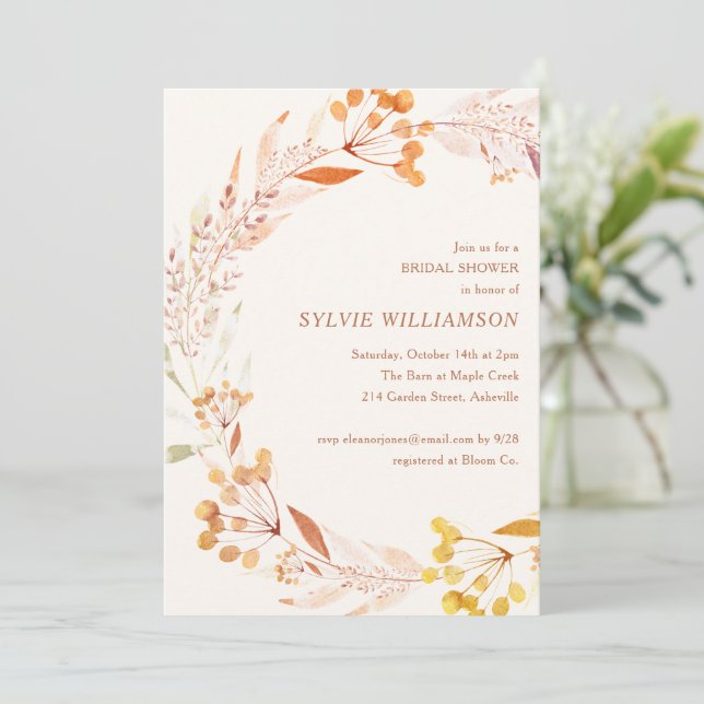 Convite Coroa Botânica de Outono Casamento Boho Ferrugem D (Em pé/Frente)