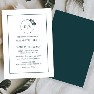 Convite Coroa Botânica Monograma Casamento Verde Esmeralda