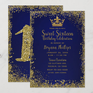 Convite Coroa Brilhante Azul Real e Dourado Festa Sweet 16