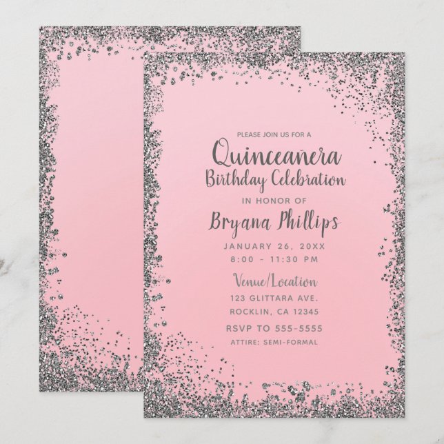 Convite Coroa Brilho Rosa e Prata Quinceañera 15 (Frente/Verso)