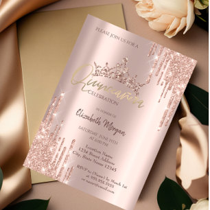 Convite Coroa Caída Brilhante Rosa Dourado Chic Quinceañer