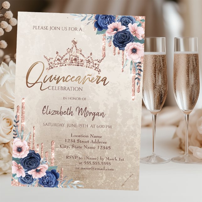 Convite Coroa Caída com Brilho Chic, Quinceañera com Rosas (Criador carregado)