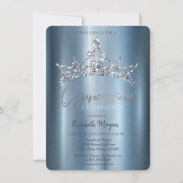 Convite Coroa Chic Azul Metálico Quinceañera (Frente)