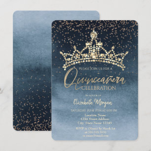 Convite Coroa Chic Confete Azul Marinho Quinceañera