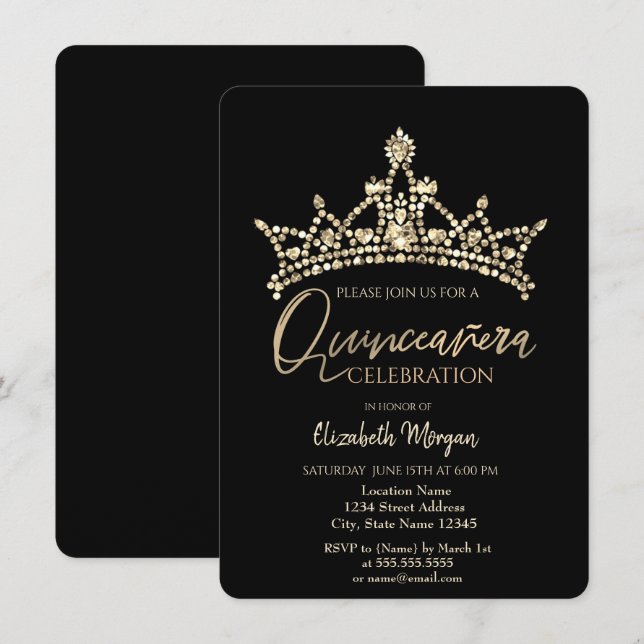 Convite Coroa Chic Confete Preto Quinceañera (Frente/Verso)
