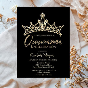 Convite Coroa Chic Confete Preto Quinceañera