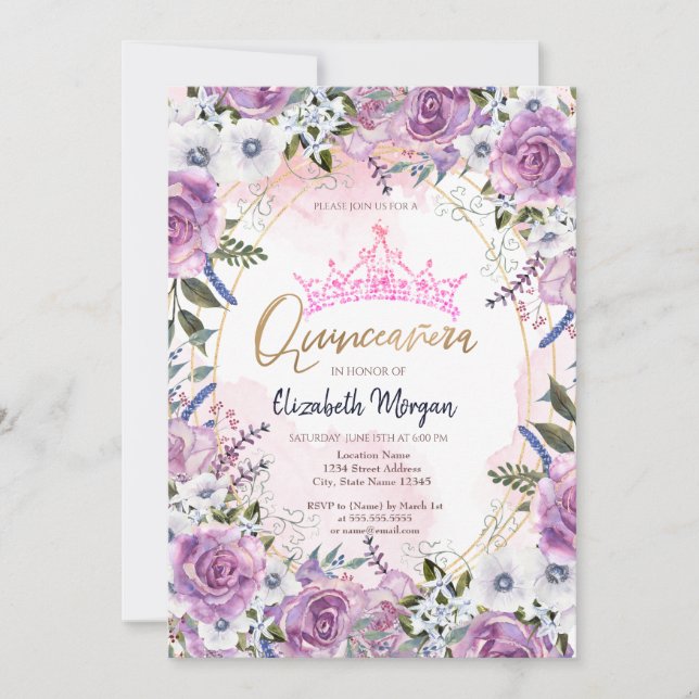 Convite Coroa Chic de Flores Violeta Quinceanera (Frente)