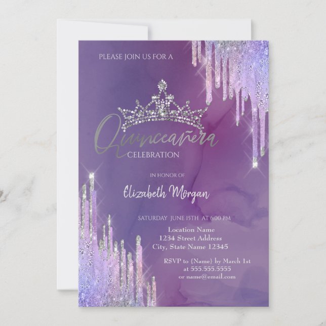 Convite Coroa Chic Glitter Drop Violeta Quinceañera  (Frente)