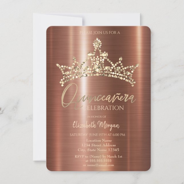 Convite Coroa Chic Marrom Metálico Quinceañera (Frente)