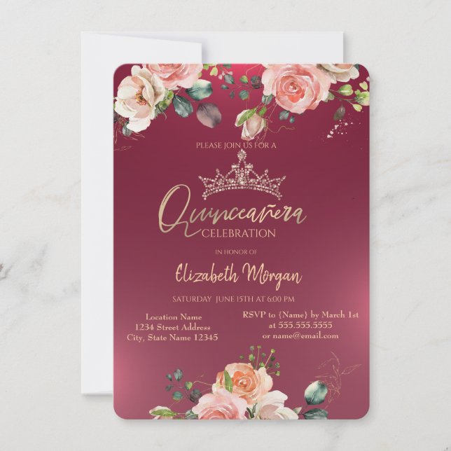 Convite Coroa Chic Rosas Borgonha Quinceañera (Frente)
