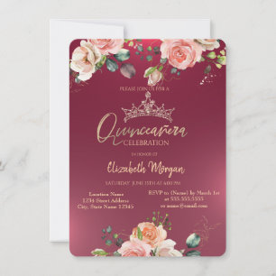 Convite Coroa Chic Rosas Borgonha Quinceañera