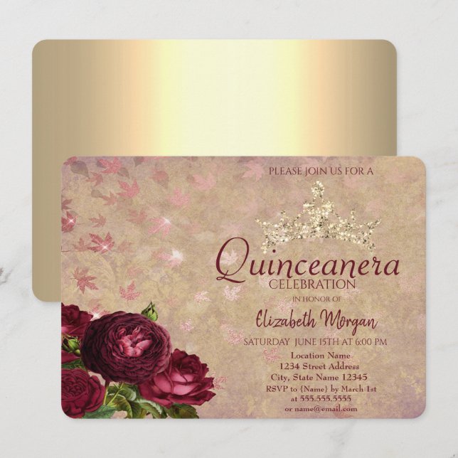Convite Coroa Chic Rosas Vermelhas Quinceañera    (Frente/Verso)